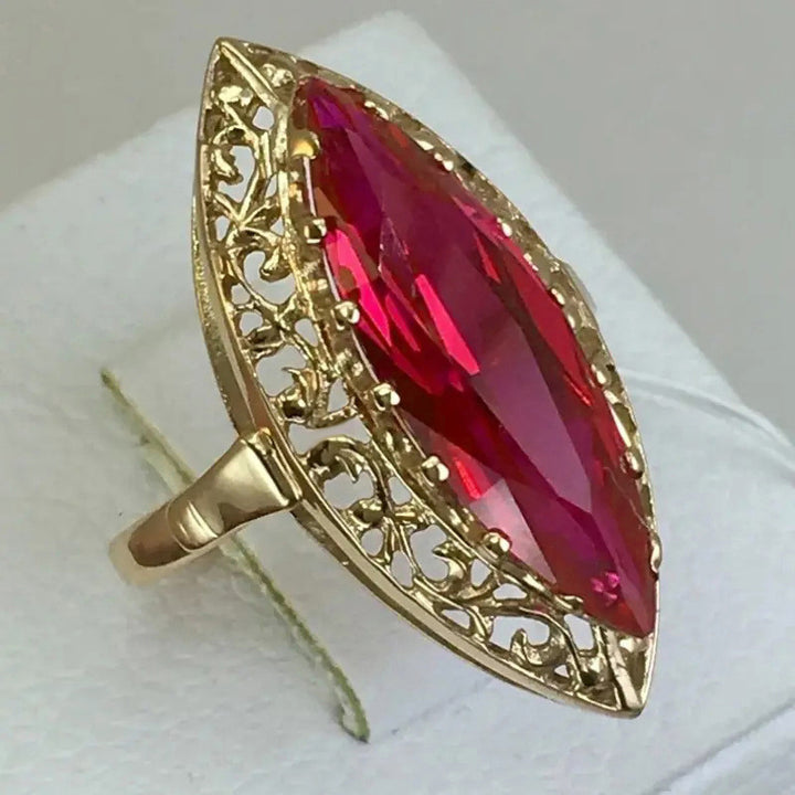 Marquise‑Cut Red Stone Vintage Filigree Gold‑Tone Ring