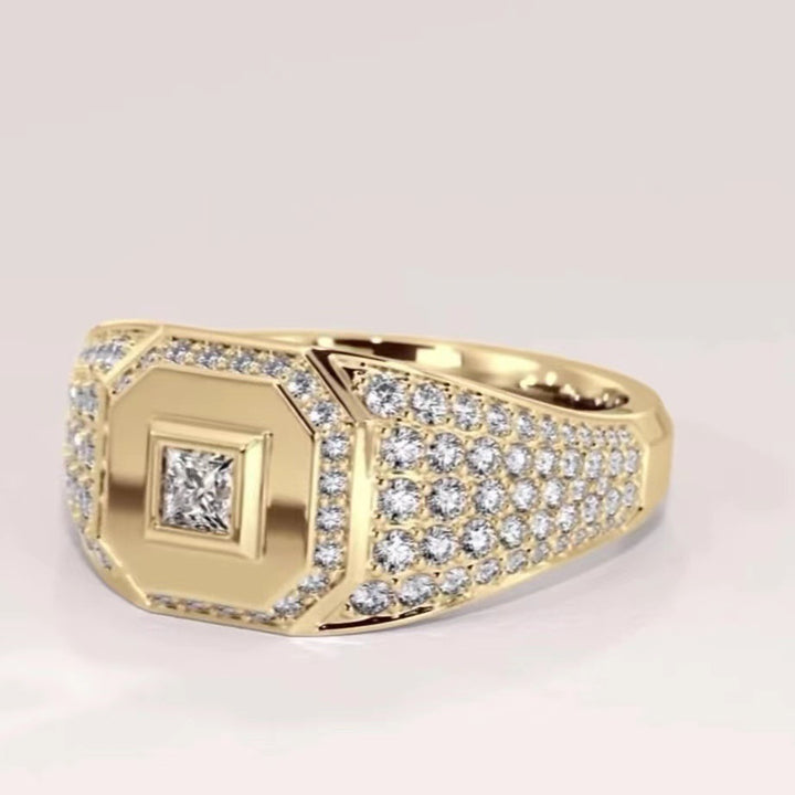 Square‑Cut Center Stone Pavé Wide‑Band S925 Sterling Silver Gold‑Tone Men's Ring
