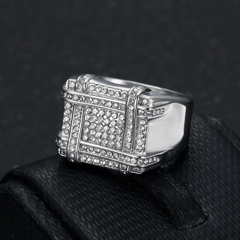 Paved Grid Square Wide Signet Ring, S925 Silver 14K Gold Plated Heavy Luxury Unisex Statement Band