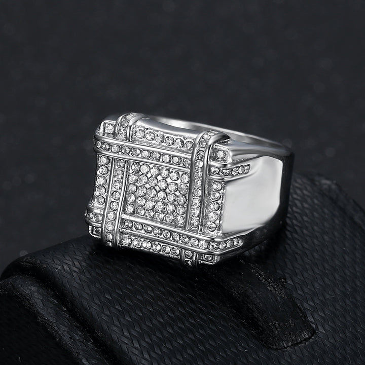 Paved Grid Square Wide Signet Ring, S925 Silver 14K Gold Plated Heavy Luxury Unisex Statement Band