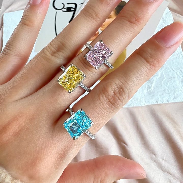 Radiant Cut Rectangular Gemstone Four-Prong Ring, Paved Shank Luxury Engagement Gem Band Multiple Colors