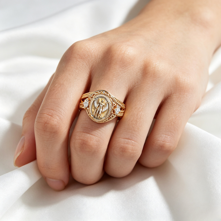 Vintage Embossed Angel Paved Crystal Heavy Signet Ring, S925 Silver Gold Plated Luxury Retro Wide Band For Men