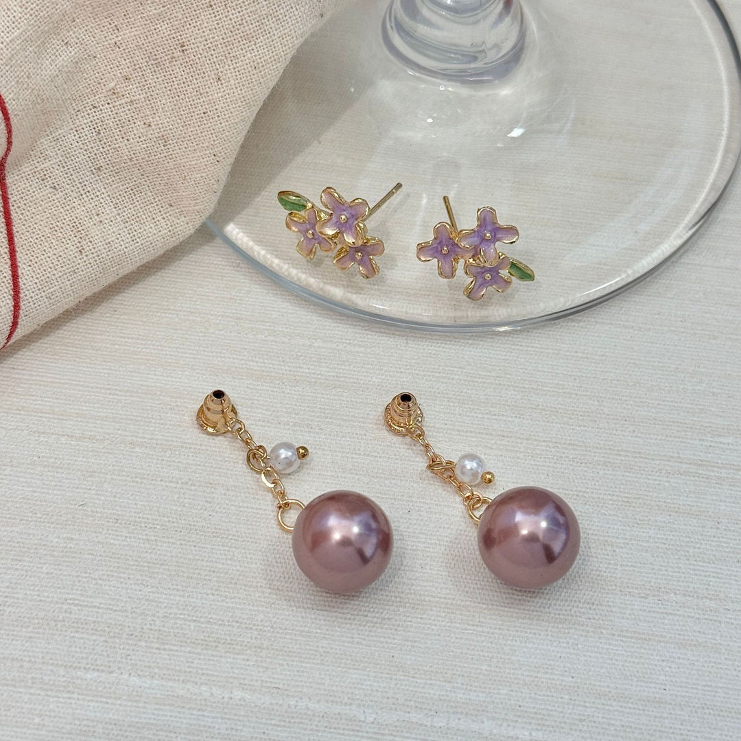 Purple Enamel Flower Dark Purple Pearl Drop S925 Silver Stud Earrings, Gentle Vintage Floral Pearl Dangle Earrings