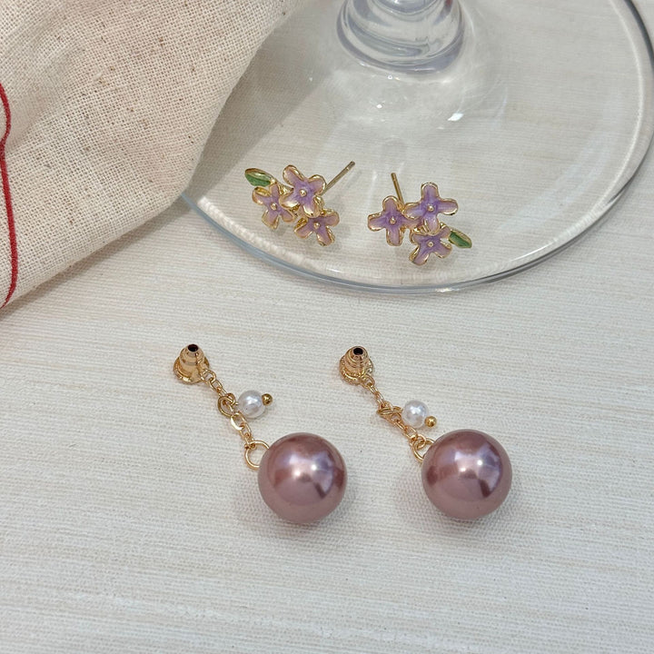 Purple Enamel Flower Dark Purple Pearl Drop S925 Silver Stud Earrings, Gentle Vintage Floral Pearl Dangle Earrings