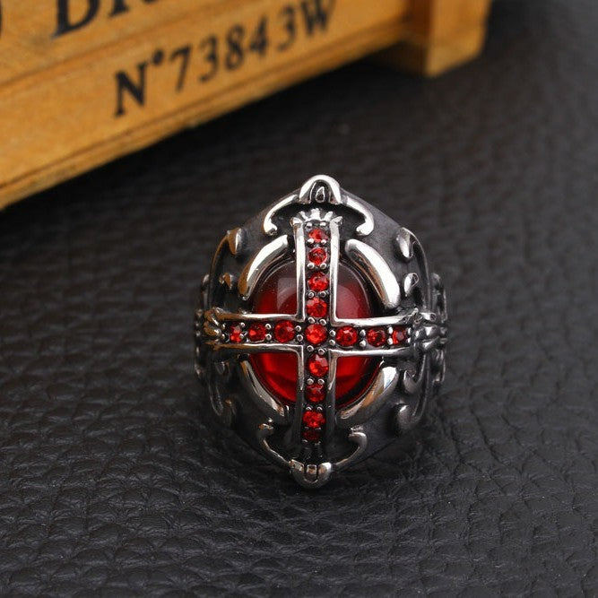 Vintage Cross Red Gem Embossed Antiqued Signet Ring, S925 Silver Dark Gothic Wide Band For Men