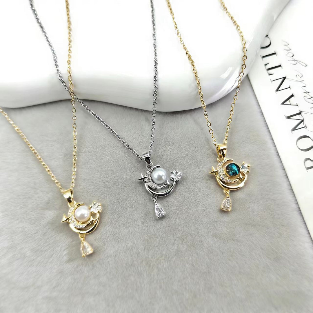 Star Moon Pearl Teardrop Pendant Necklace
