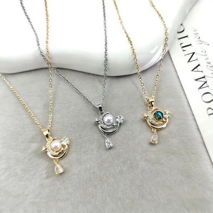 Star Moon Pearl Teardrop Pendant Necklace