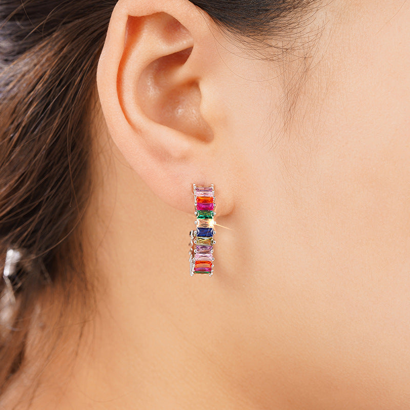 Rainbow Baguette Diamond Curved Stud Earrings (Silver Luxury Women's Earrings)