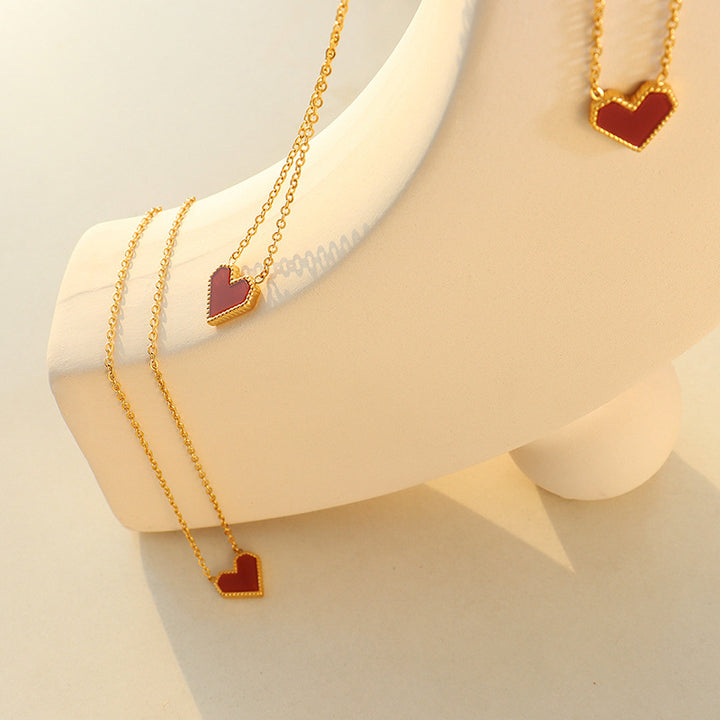 Red Enamel Heart Slim Chain Choker (Minimalist Vibe Sweet-Cool Necklace)