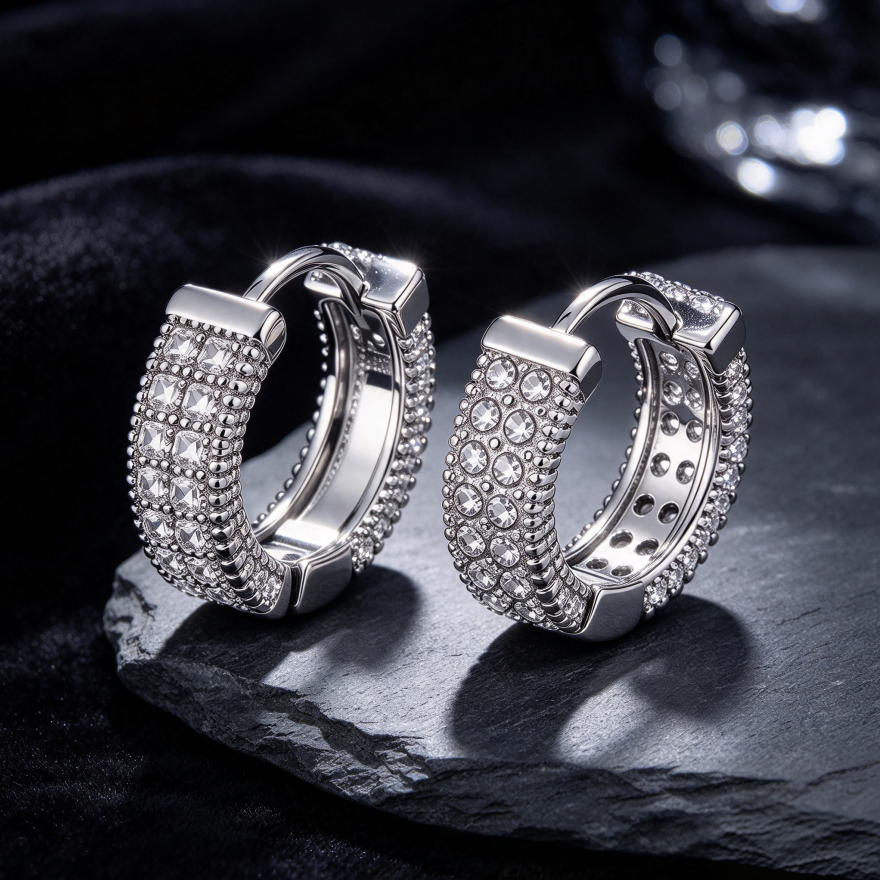 Paved Wide C-shaped S925 Silver Hoop Earrings, Gold & Silver Two-Tone Paved Diamond Ear Buckles