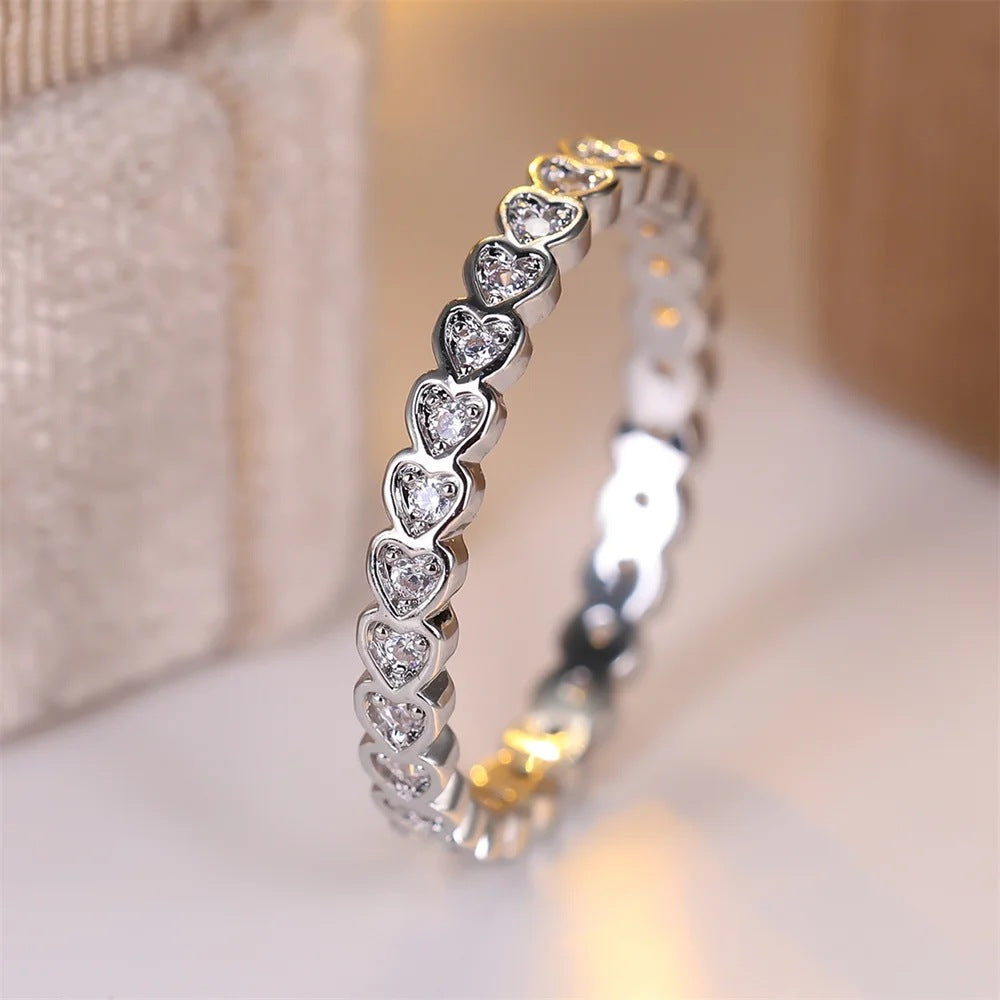 Heart Full Circle Colorful Diamond Eternity Ring, Gold & Silver Dainty Stackable Closed Band Ring for Women