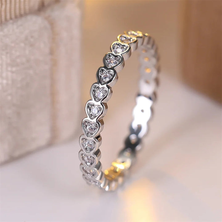 Heart Full Circle Colorful Diamond Eternity Ring, Gold & Silver Dainty Stackable Closed Band Ring for Women