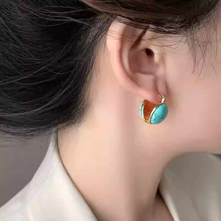 Vintage Veined Turquoise Gold Bezel Hoop Earrings, Two Style Round Cracked Stone Light Luxury Jewelry