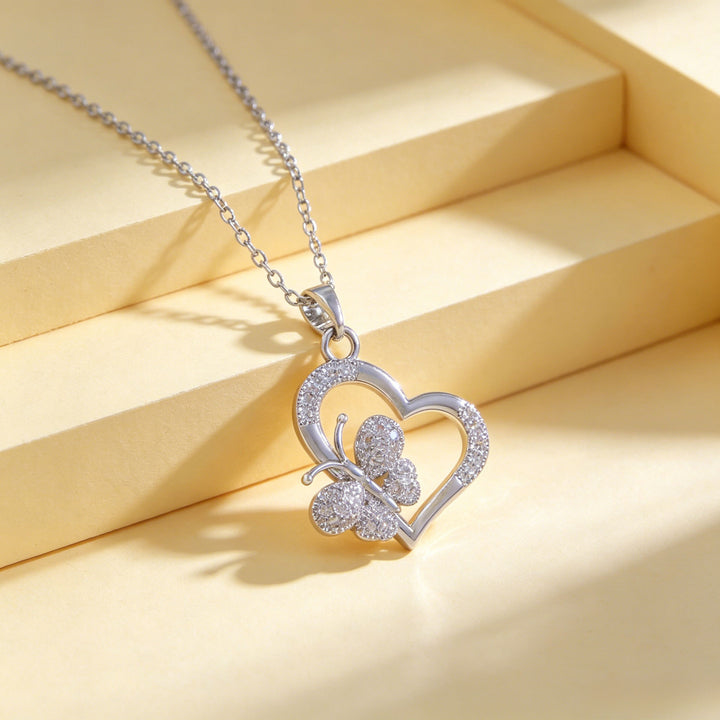 Heart & Butterfly Diamond Necklace, Gold & Silver Two-Tone Hollow Choker