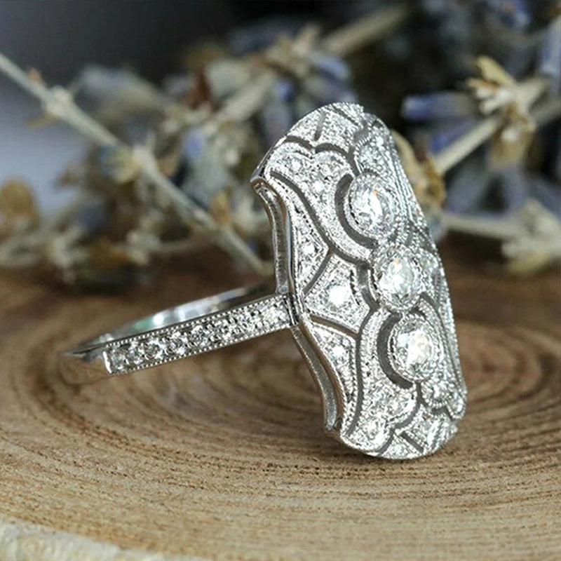 Edwardian Vintage Three-Diamond Openwork Milgrain Wide Ring, Solid S925 Silver Full Pave Antique Engagement Band