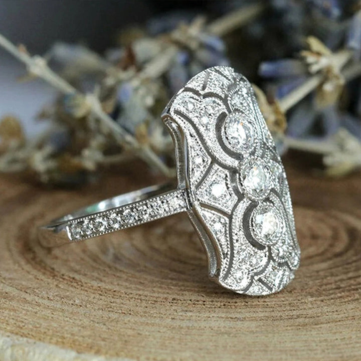 Edwardian Vintage Three-Diamond Openwork Milgrain Wide Ring, Solid S925 Silver Full Pave Antique Engagement Band