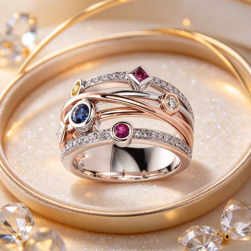 S925 Silver Two-tone Intertwined Multi-gem Wide Band Ring, Luxury Color Block Statement Ring