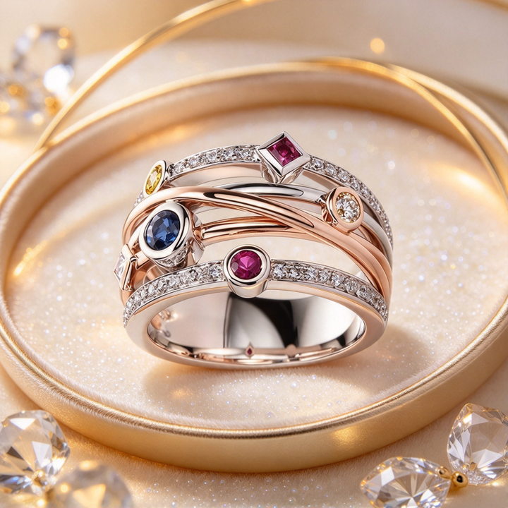 S925 Silver Two-tone Intertwined Multi-gem Wide Band Ring, Luxury Color Block Statement Ring