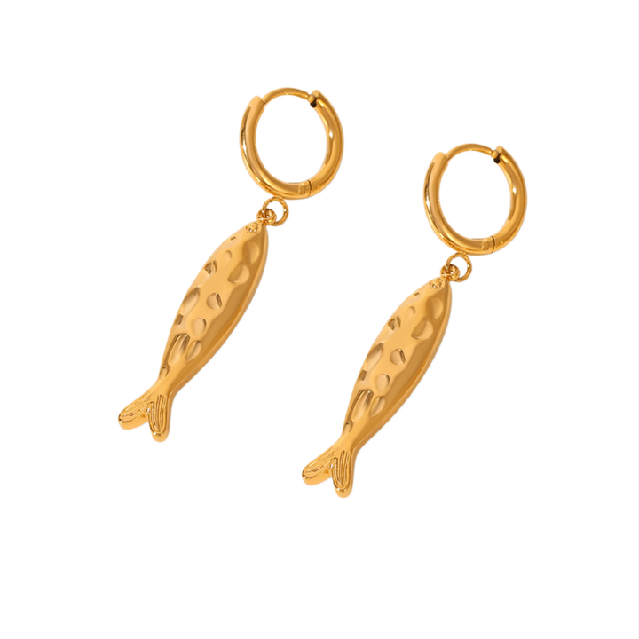 S925 Silver Gold‑Plated Hammered Fish Jewelry Set, Vintage Textured Fish Pendant Necklace & Huggie Earring 2‑Piece Set