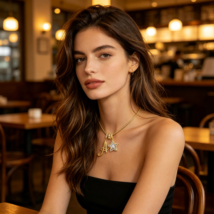 Script Initial Pave Star Dual Charm Snake Chain Necklace, Gold & Silver Custom Letter Choker