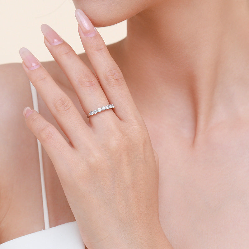 Classic Three Diamond Ring Set, 3-Stone Engagement Ring & Half Eternity Band Gold Silver Stackable Bridal Wedding Rings