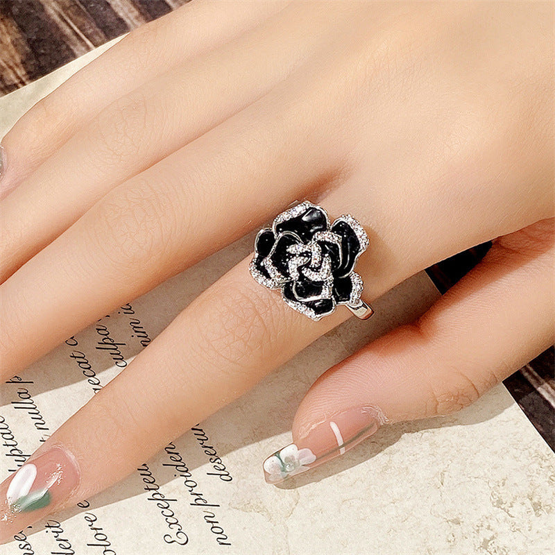 Black Enamel Camellia Pavé Ring (Luxury Vintage Elegant Band)