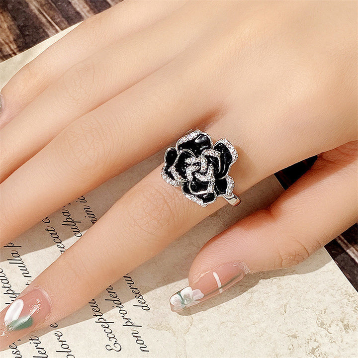 Black Enamel Camellia Pavé Ring (Luxury Vintage Elegant Band)