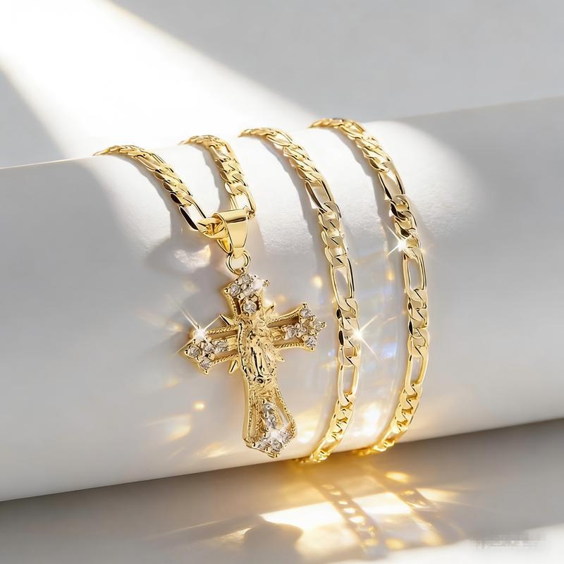 Pavé Jesus Cross Figaro Chain Necklace (Luxury Vintage Religious Choker)