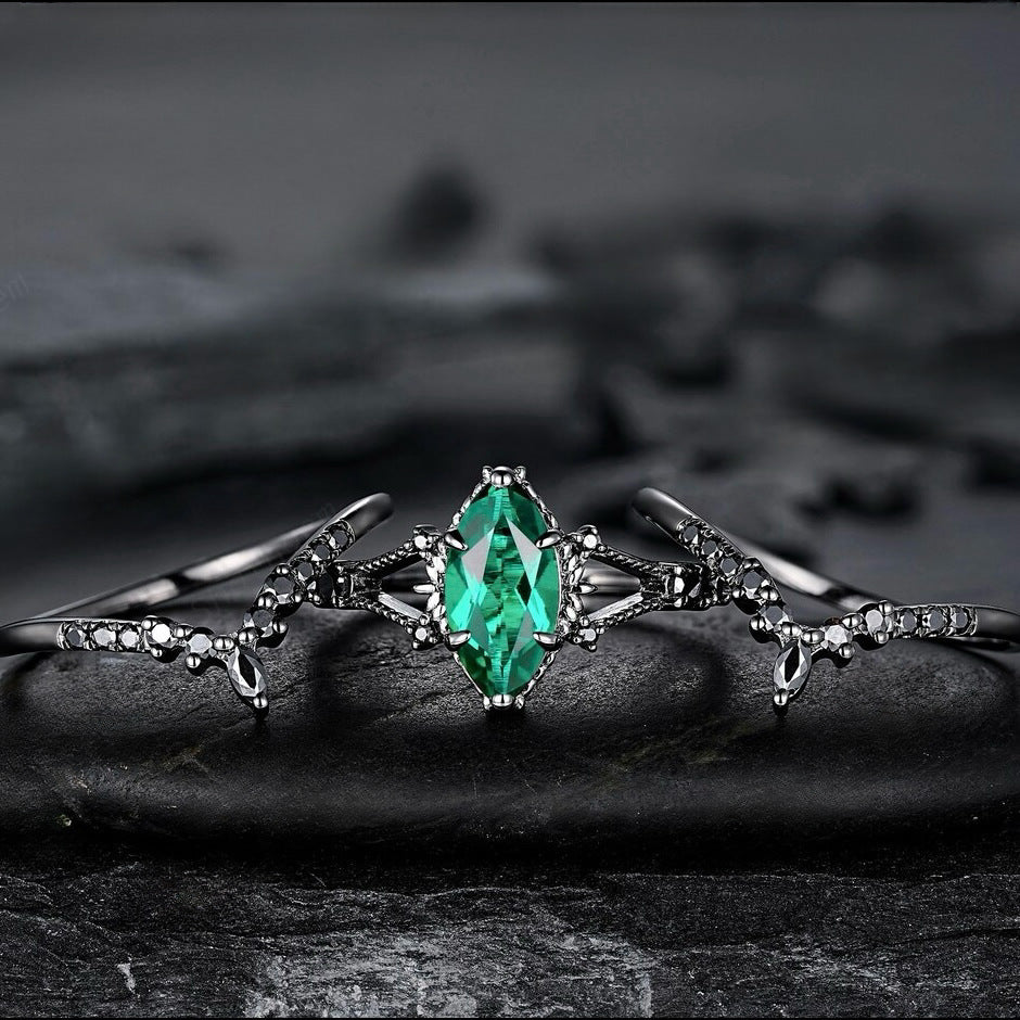 Gothic Marquise Green Gemstone Stackable Ring Set (Black Tone Statement Band)