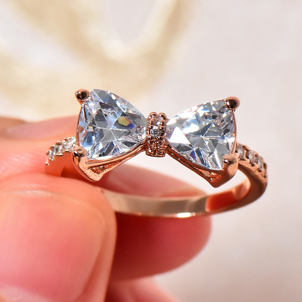 Triangle Stone Bow Pave Ring, Multi-Color Gem Silver/Rose Gold Luxury Feminine Band