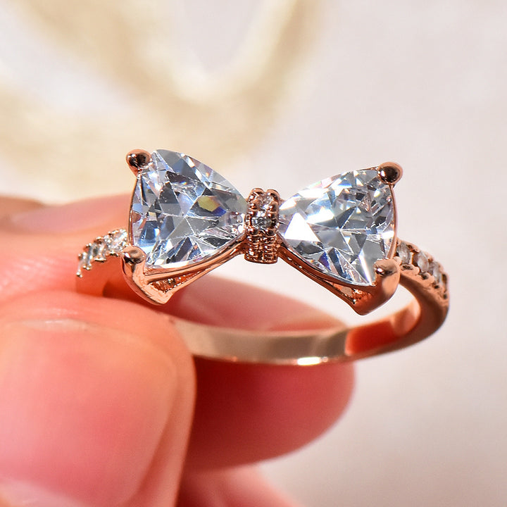 Triangle Stone Bow Pave Ring, Multi-Color Gem Silver/Rose Gold Luxury Feminine Band