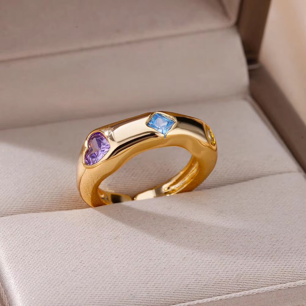 Irregular Curved Color‑Stone Open‑Band S925 Sterling Silver Ring, Multiple Colors Available