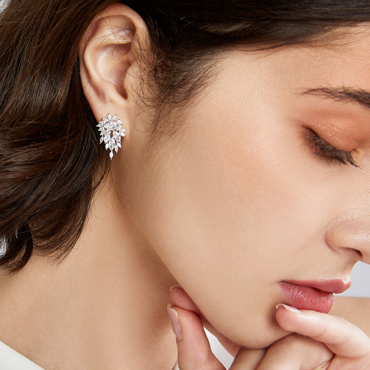 Marquise Cluster Full Diamond Stud Earrings, Luxurious Radiant Multi-cut Diamond Banquet Stud Earrings, Silver Luxury Earrings