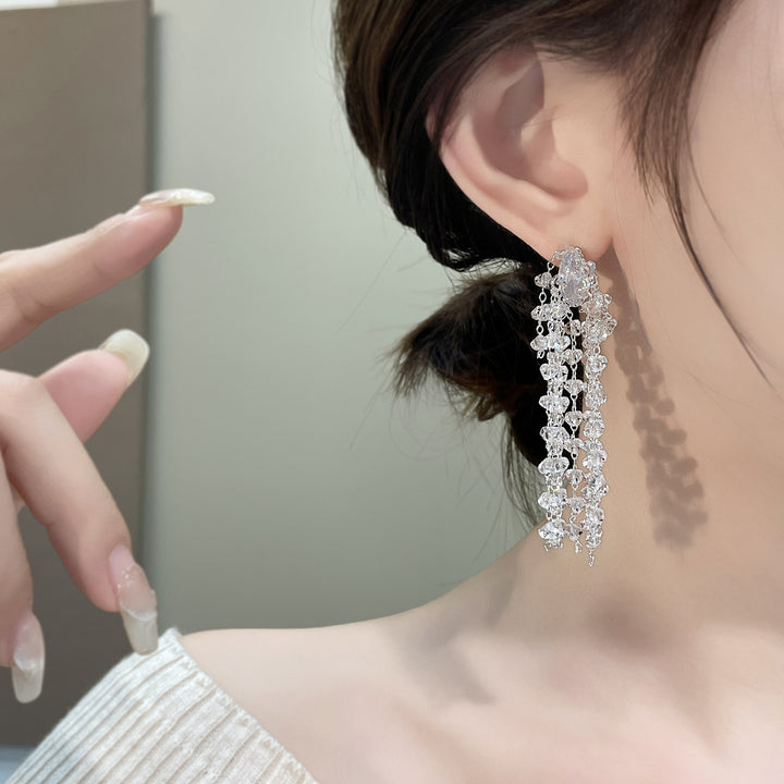 Marquise Diamond Multi-Layer Crystal Tassel Long Drop Earrings, Solid S925 Silver Gold & Silver Two-Tone Heavy Banquet Jewelry