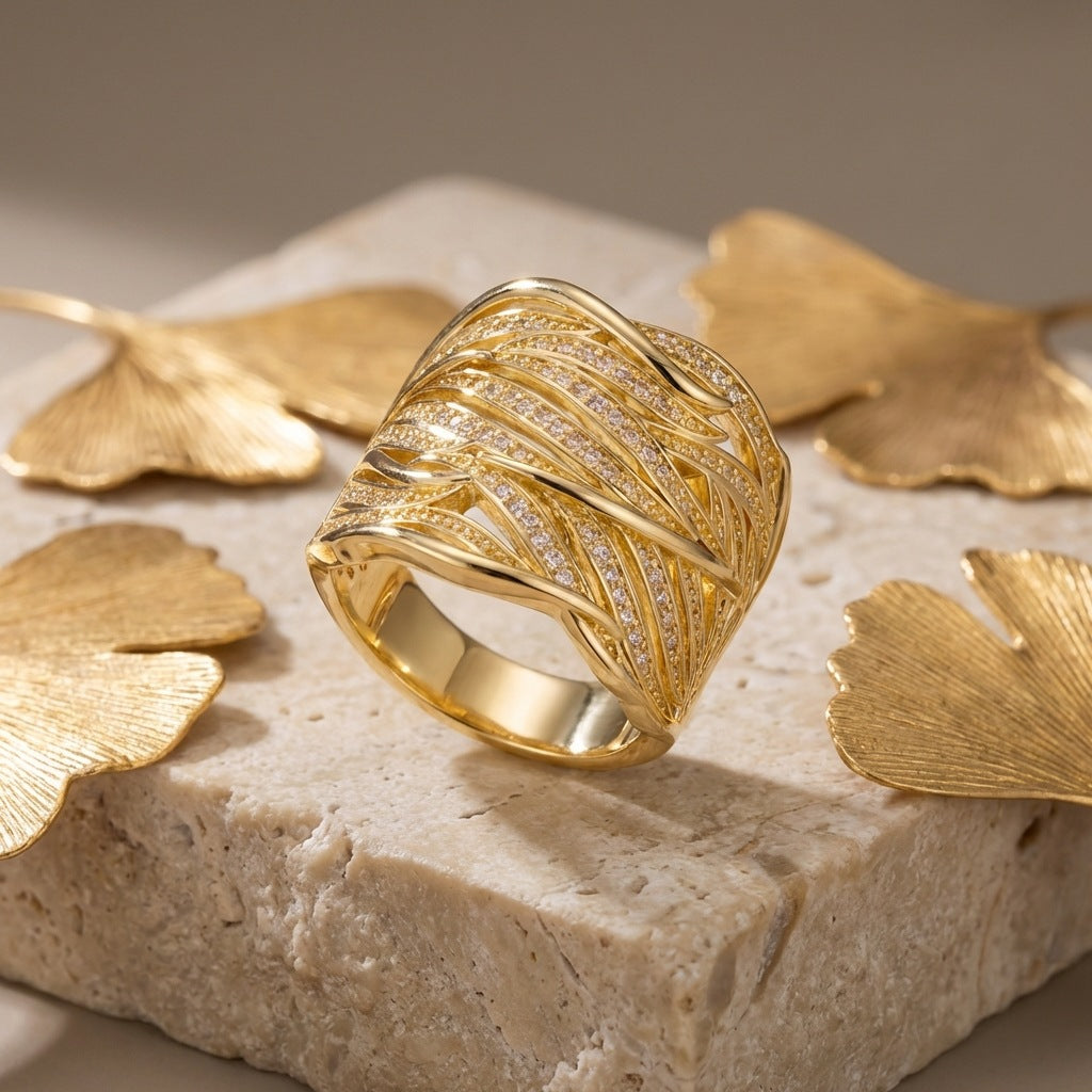 Interlaced Leaf Pave Diamond Wide Ring, Gold Sculpted Palm Leaf Hollow Statement Band For Women