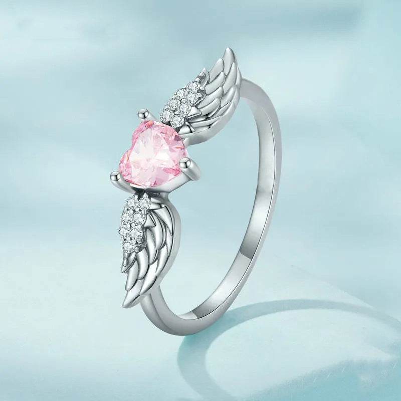 Angel‑Wing Heart‑Shaped Pink Diamond Open Ring