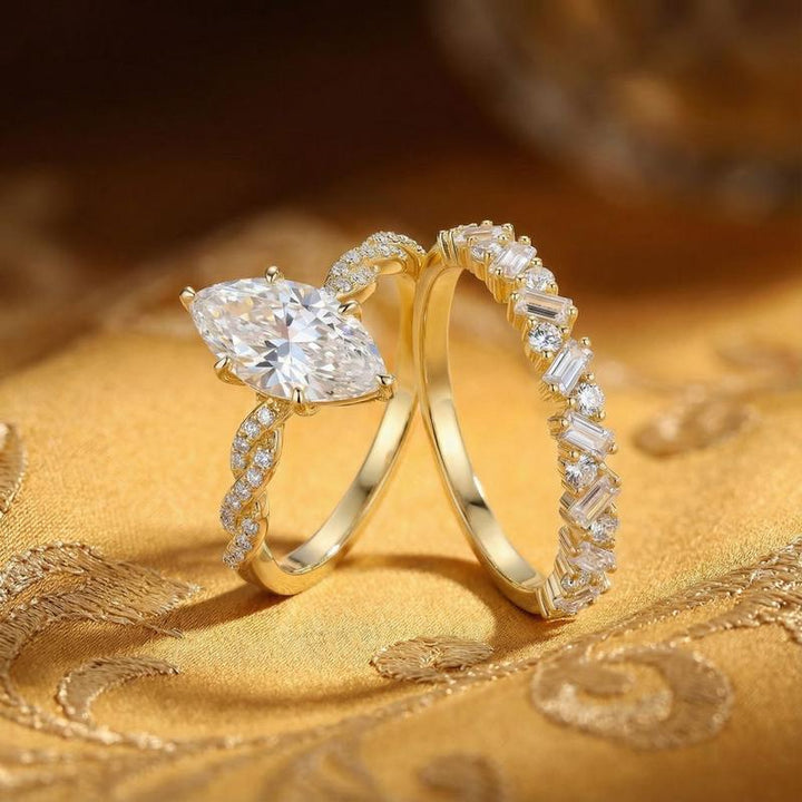 Marquise Twisted Engagement Ring Set, Vine Twist Main Ring & Baguette Eternity Band 2Pcs Stacking Wedding Rings Gold Silver Bridal Jewelry