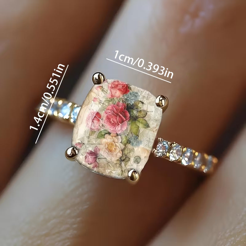 Vintage Oil Painting Rose Crackle Rectangle Resin Stone Pave Ring, Solid S925 Silver Gold-Plated French Artistic Floral Band
