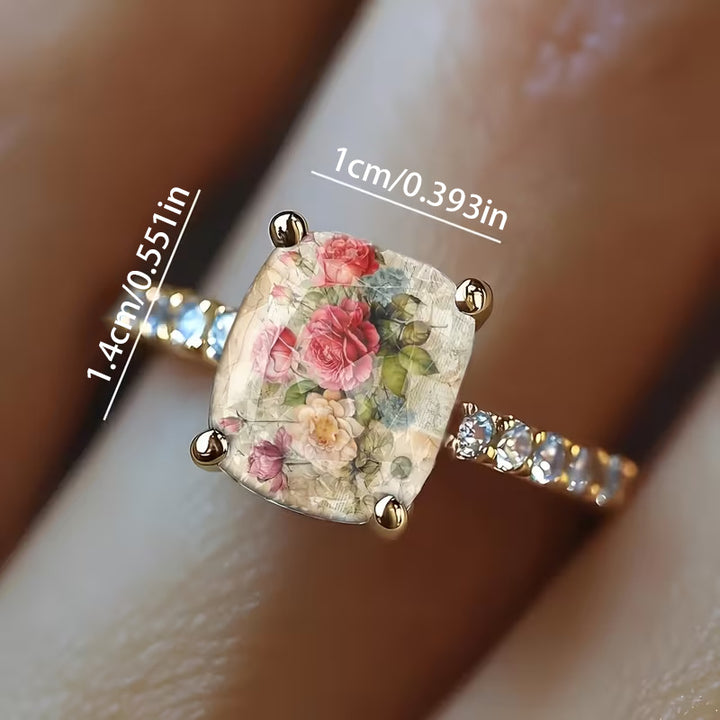 Vintage Oil Painting Rose Crackle Rectangle Resin Stone Pave Ring, Solid S925 Silver Gold-Plated French Artistic Floral Band