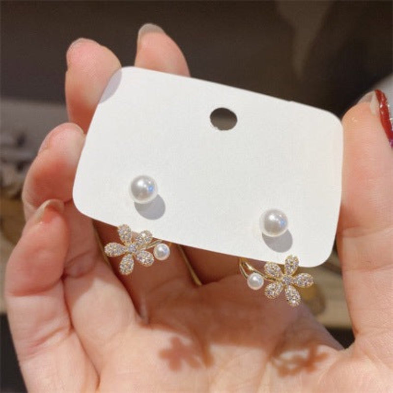 Pavé Diamond Flower Pearl S925 Silver Stud Earrings, Unique Curved Double Pearl Floral Jewelry