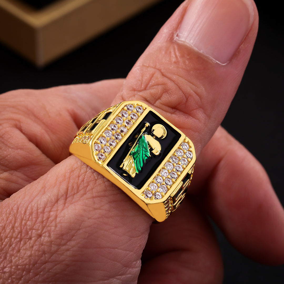 Green Robe Saint Paved Diamond Square Signet Ring, S925 Silver Gold Plated Western Religious Heavy Vintage Band For Men
