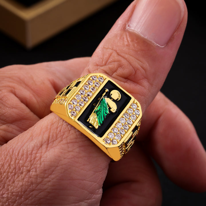 Green Robe Saint Paved Diamond Square Signet Ring, S925 Silver Gold Plated Western Religious Heavy Vintage Band For Men
