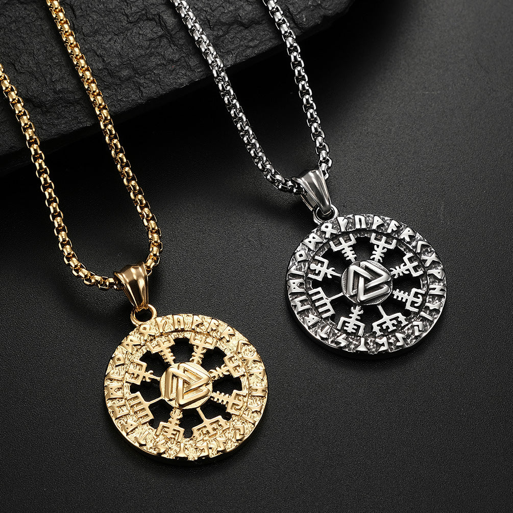 Viking Rune Compass Pendant Necklace (Unisex Vintage Titanium Steel Chain)
