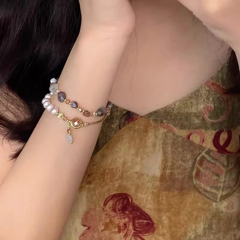 Vintage Mixed Rutilated Quartz Double Beaded Bracelet with Coin Charm