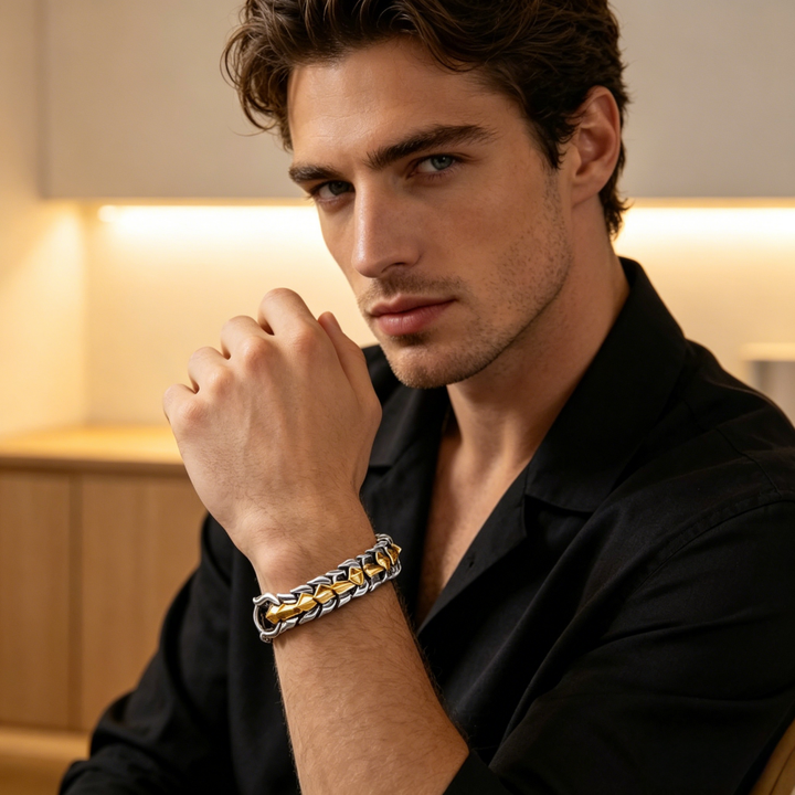 3D Monster Bone Titanium Steel Men's Bracelet, Gold Silver Two-Tone Tough Scale Thick Chain Vintage Wrist Jewelry