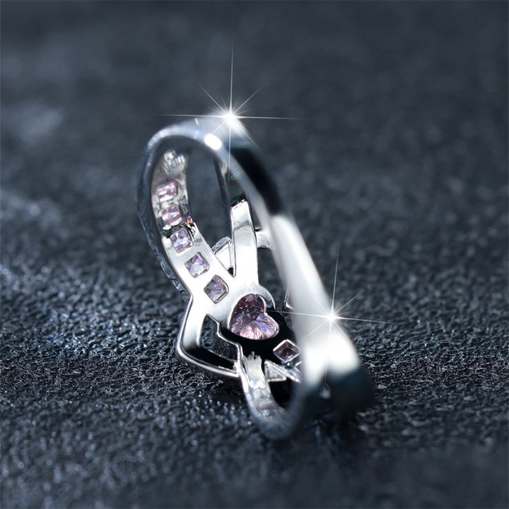 Sweet Pink Heart Intertwined Ring (Girly Paved Statement Band)