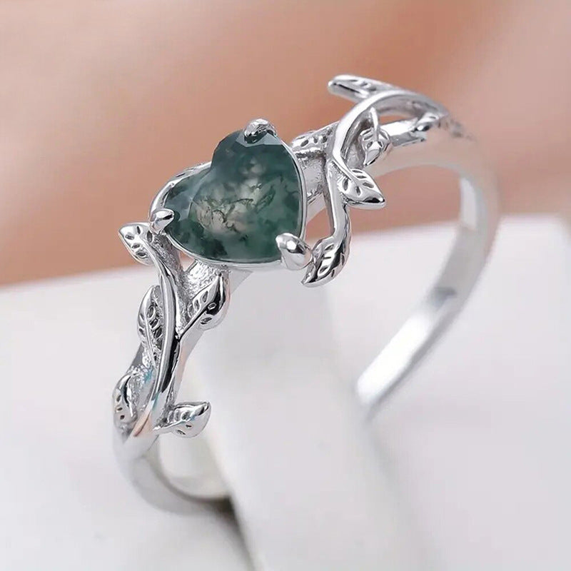 Vine Heart Moss Agate Ring, Silver Vintage Forest Style Heart Gemstone Band For Women