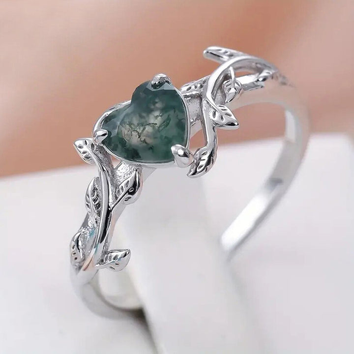 Vine Heart Moss Agate Ring, Silver Vintage Forest Style Heart Gemstone Band For Women