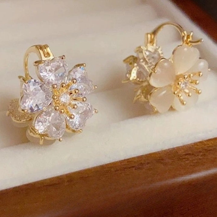 Diamond Flower S925 Silver Hoop Earrings, Luxury 3D Diamond Petal Earrings