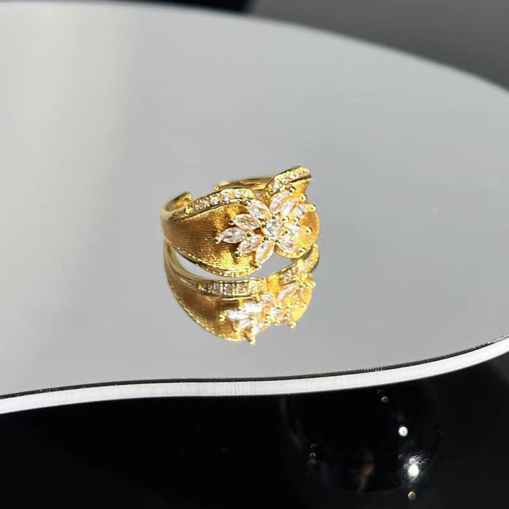 Brushed Finish Flower Diamond Statement Ring (2 Colors Luxury Delicate Band)